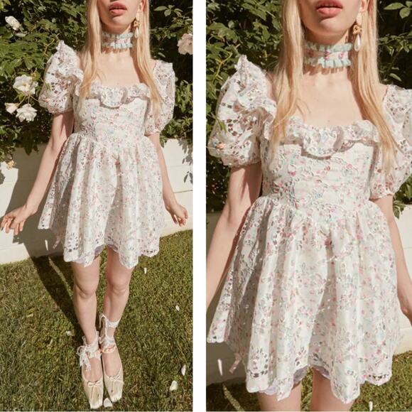 For Love & Lemons Magnolia Floral Eyelet Ruffle Puff Sleeve Mini Dress Size XS - Picture 1 of 10